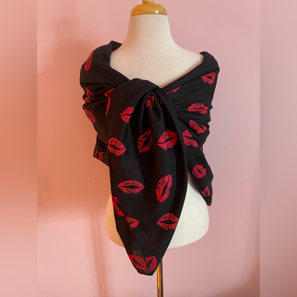 Black Scarf with Red Lip Print